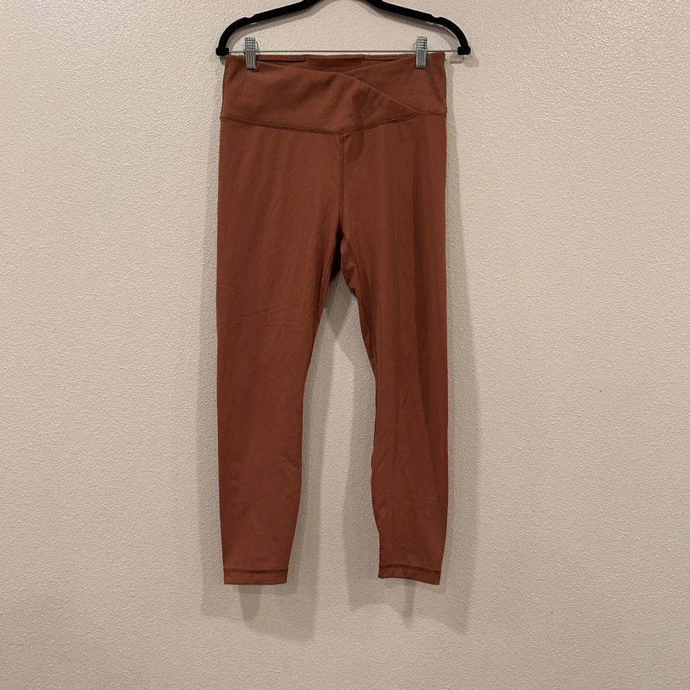 90 Degree by Reflex Womens High Waisted‎ Crossover Ribbed Leggings Rust Orange L